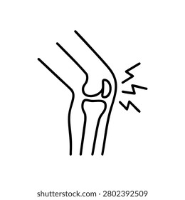 Bent knee with pain marks and lightning symbol, knee pain outline icon for running injury, joint strain and sports recovery concept