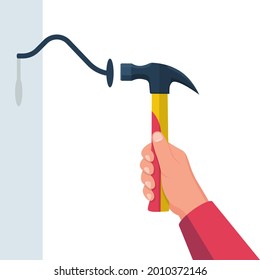 Bent nail and hammer. Hammer in hand. Newbie in work on the house. Wooden plate with nail. Vector illustration flat design. Isolated on white background.