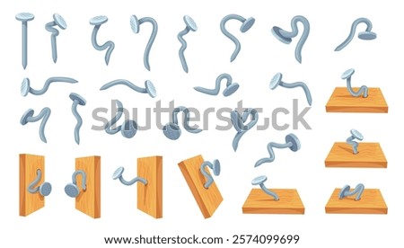Bent nails. Hammered benting nail, broken used hobnails wall fasteners with metal head iron sharp spikes for hammer wood house construction carpentry tool, neat vector illustration original artwork