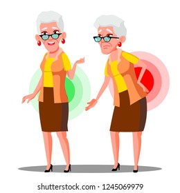 Bent Over Old Woman From Back Ache, Sciatica Vector. Isolated Cartoon Illustration
