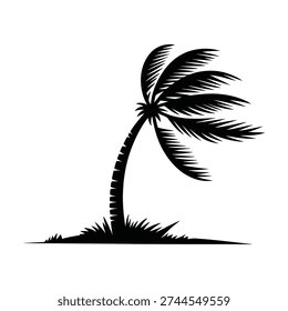Bent palm tree silhouette in wind, tropical beach grass, stormy weather symbol, isolated vector art.