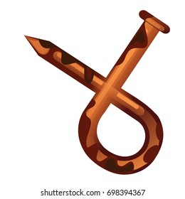 Bent rusty nail isolated on a white background. Power extreme. Vector cartoon close-up illustration.