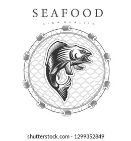 Bent salmon in jump, in the center round fishing nets on white background. Logo for fish products or seafood in woodcut style