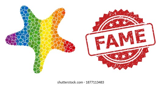Bent star collage icon of circle dots in different sizes and LGBT colored color tints, and Fame corroded rosette seal. A dotted LGBT-colored Bent star for lesbians, gays, transgenders, and bisexuals.