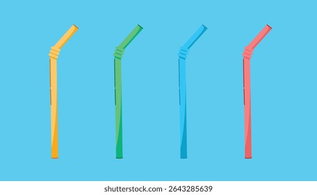 bent straw, single-use plastic utensils, waste. crushed disposable drinkware, beverage accessories, flat illustration of discarded and crushed filters