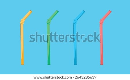 bent straw, single-use plastic utensils, waste. crushed disposable drinkware, beverage accessories, flat illustration of discarded and crushed filters