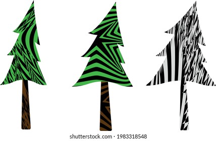 bent trees with modern textures in op art style on white background creative natural icons
