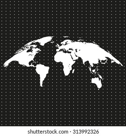 bent, twisted, world map on a black background with white dots