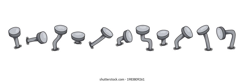 Bent wall nail, cartoon old vector icon, metal rusty spike, steel crooken pin. Carpentry set isolated on white background. Construction illustration