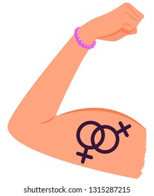 Bent Woman Arm Showing Strong Muscles. Tattoo On Arm With Two Female Signs, The Second Character Is Turned Upwards As A Male Symbol. Colored Vector Illustration