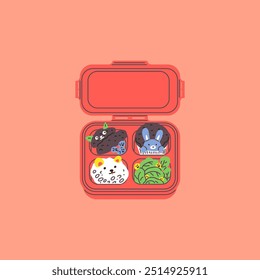 Bento box for children. Asian lunch box with meat, rice, salad and sweet cupcake. Takeaway food concept. Kawaii. School lunch kit. Vector illustration isolated on pink background.