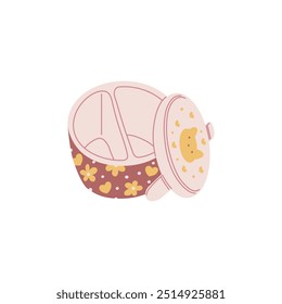 Bento box for children. Empty open plastic container of round shape and a lid. Cat, hearts, flowers. Lunch Box. Tasty and healthy snack. Cartoon style. Vector illustration isolated on white background