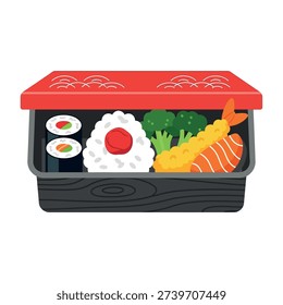 Bento box containing sushi, salmon, and broccoli, with a red lid and black container.