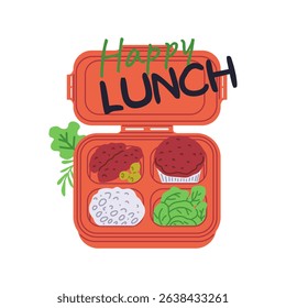 Bento box filled with a happy lunch. The colorful container includes meat, rice, and fresh vegetables. Vector illustration for meal prep or takeaway.