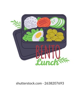 Bento box filled with nutritious meal. Rice, vegetables, egg, and meat, making it perfect for meal prep. A colorful vector illustration.