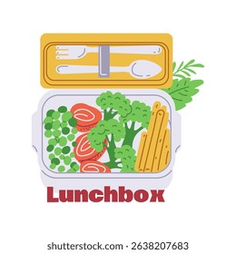 Bento box illustration. A lunchbox filled with nutritious vegetables and protein options. Ideal for healthy meal planning in vector style.