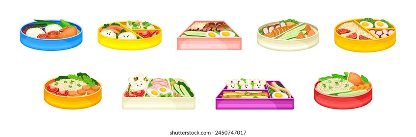 Bento Box as Japanese Container with Cooked Lunch Vector Set