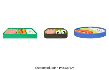 Bento Box as Japanese Single-portion Take-out or Home-packed Meal Vector Set