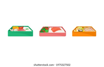 Bento Box as Japanese Single-portion Take-out or Home-packed Meal Vector Set