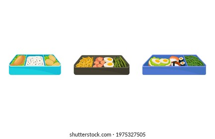 Bento Box as Japanese Single-portion Take-out or Home-packed Meal Vector Set