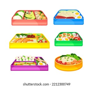 Bento Box as Japanese Single-portion Take-out or Home-packed Meal Vector Set