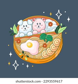 Bento box in Kawaii style. Cute, colorful illustration. Japanese food in a lunch box. Anime and chibi. Vector.