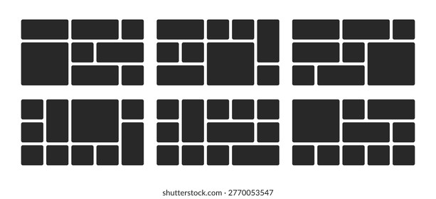 Bento box layout template for photo galleries and presentations. Minimalist grid design with colorful geometric frames for modern collages and creative projects. Vector illustration.