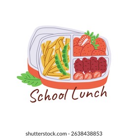 Bento box lunch filled with fries, strawberries, and veggies. Vector illustration highlights a colorful meal for children, featuring fresh food items in a set.