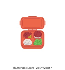 Bento box. Lunch time. Red plastic box with lid. Japanese food. Portion for one. The meal set includes rice, meat, greens and a cupcake. Hand drawn. Vector illustration isolated on white background.