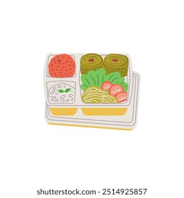 Bento box. Open plastic box with lid. School lunch. Children's breakfast. Rice, noodles, tomatoes, greens. Takeaway food. Snack container. Cartoon style. Vector illustration on white background.