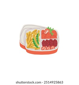 Bento box. Open red plastic lunch box with three compartments and a lid. A tasty and healthy snack for lunch. Takeaway food. French fries, meat, tomatoes and strawberries. Vector illustration.