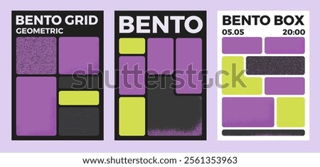 Bento box poster templates set. Y2K collage grid textured grainy shapes. Geometry modular frames. Label textboxes composition pack. Trendy blocks blank layout. Vector flat illustration.