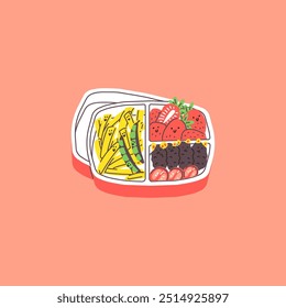 Bento box. Red plastic box with three compartments for children. School lunch. French fries, meat, tomato and strawberries. Kawaii style. Hand drawn. Vector illustration isolated on pink background.