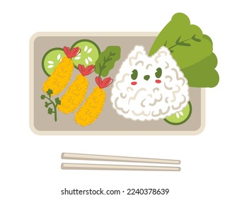 Caja de Bento con gato de arroz, tempura de camarón y pepino. Perfecto para tee, poster, menú, pegatinas e impresión. Ilustración vectorial aislada para decoración y diseño. 



