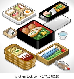 Bento box set with egg, rice, meat, lotus slices, tofu, fish and vegetables (illustration in isometric view)