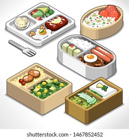 Bento box set including rice, sausages, meat, egg and vegetables (isometric view, vector illustration)