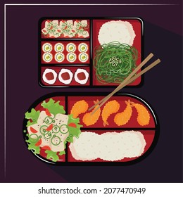 bento box with sushi and rolls and sticks
