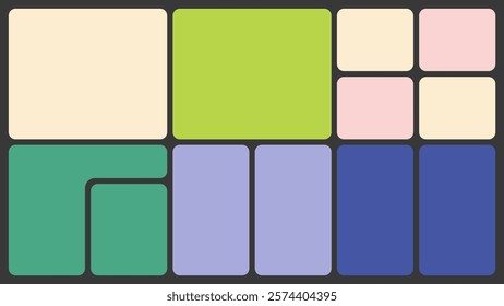 Bento box template. Y2K collage grid shapes. Geometry modular moodboard frames. UI design elements border. Rectangular composition pack. Trendy blocks blank layout. Vector flat illustration.