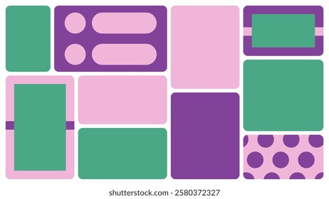 Bento box template. Y2K collage grid shapes. Geometry modular moodboard frames. UI design elements border. Label textboxes composition pack. Trendy blocks blank layout. Vector flat illustration.