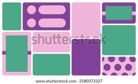 Bento box template. Y2K collage grid shapes. Geometry modular moodboard frames. UI design elements border. Label textboxes composition pack. Trendy blocks blank layout. Vector flat illustration.