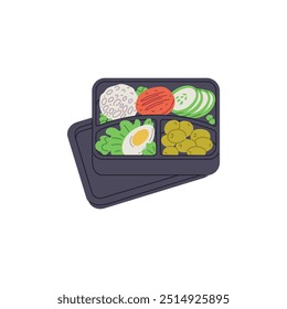 Bento box vector illustration with food. Japanese Brown lunch box contains rice, egg, cucumber, cutlet and olives, perfect for takeaway or home food packaging on an isolated background. Flat style.