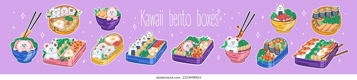Bento boxes and bowls in Kawaii style. Cute, colorful illustrations. Japanese food in lunch boxes. Anime. Vector.