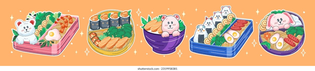 Bento boxes and bowls in Kawaii style. Cute, colorful illustrations. Japanese food in lunch boxes. Anime. Vector.