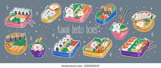 Bento boxes and bowls in Kawaii style. Cute, colorful illustrations. Japanese food in lunch boxes. Anime. Vector.