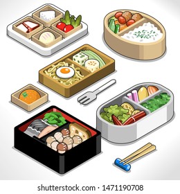 Bento boxes filled with fresh asian food in small portions (isometric vector)