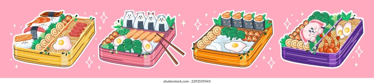 Cajas de Bento al estilo Kawaii. Ilustración bonita y colorida. Comida japonesa en las cajas de almuerzo. Anime. Vector