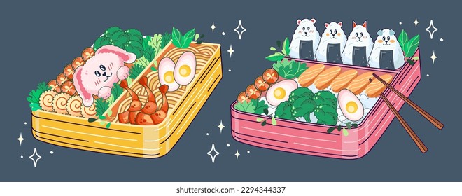 Cajas de Bento al estilo Kawaii. Ilustración bonita y colorida. Comida japonesa en las cajas de almuerzo. Anime. Vector