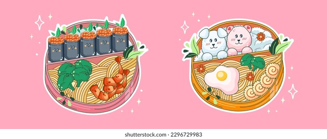 Bento boxes in Kawaii style. Cute, colorful illustration. Japanese food in lunch boxes. Anime. Vector.