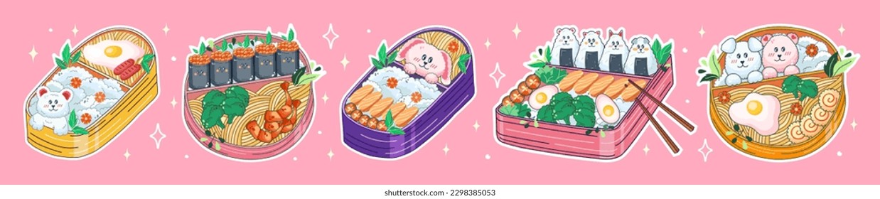 Bento boxes in Kawaii style. Cute, colorful illustration. Japanese food in lunch boxes. Anime. Vector.