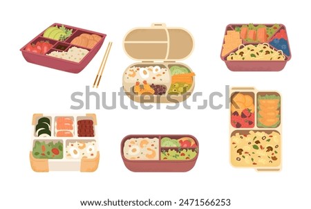 Bento boxes and lunch boxes with different food and snacks vector illustrations with textures set isolated on white. Opened food containers with different meal.